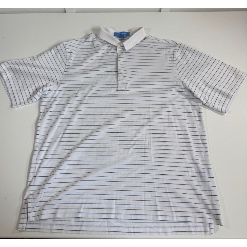 Fairway & Greene Men's Performance Golf White/Blue Stripes Polo Shirt Size Large